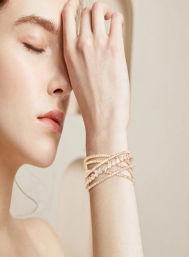 Wovanoo Rhinestone Bracelets Multilayer Cuff Bracelet Sparkling Crystal Layered Bridal Bracelets for Women Gold 3 - Image 3